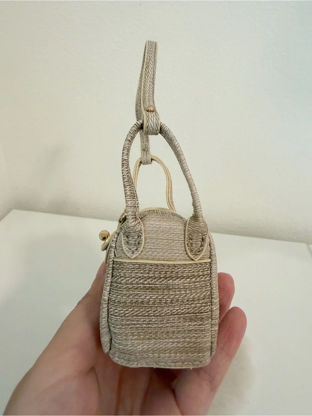 Mini Top Handle Bag Charm Woven Texture Coin Pouch Beige Luxury Style